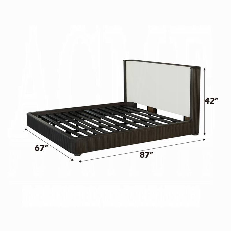 Jeh Queen Size Bed, White Upholstered, Espresso Brown Ribbed Details