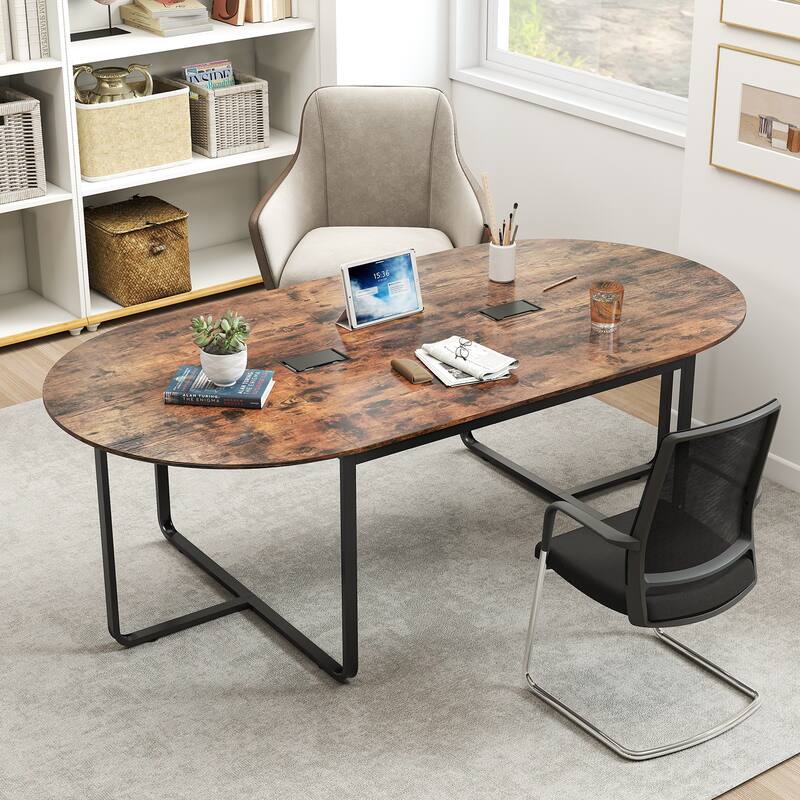 95 Inch Oval Conference Table with Dual Cable Holes and Metal Legs