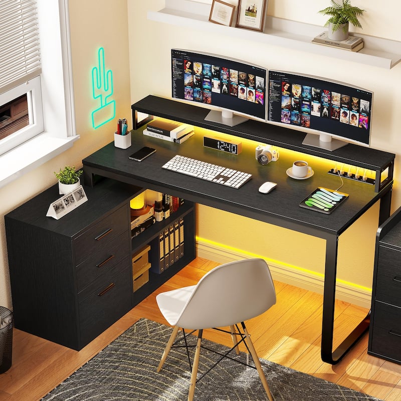 55 Inch L-shaped Gaming Desk with Power Outlets and LED Lights Computer Corner Desk with File Cabinet Monitor Stand