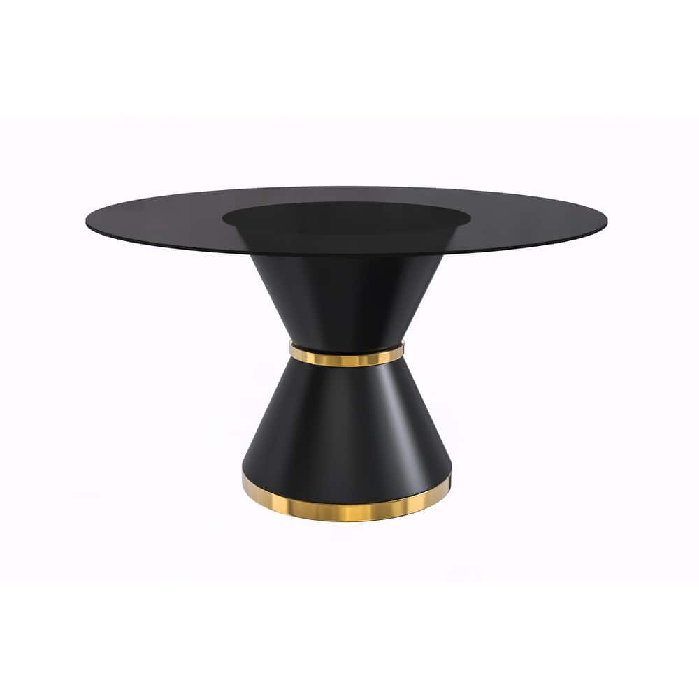 Qorvus Round Glass or Sintered Stone Tabletop Dining Table with Black and Gold Pedestal Base for Kitchens or Dining Rooms