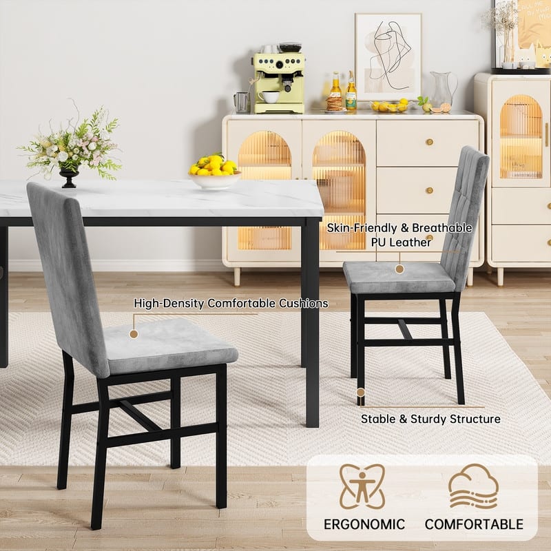 Grondin Modern Style 5 Pieces Dining Table Set For 4, Faux Marble Dining Room Table Set With 4 Upholstered Dining Chairs