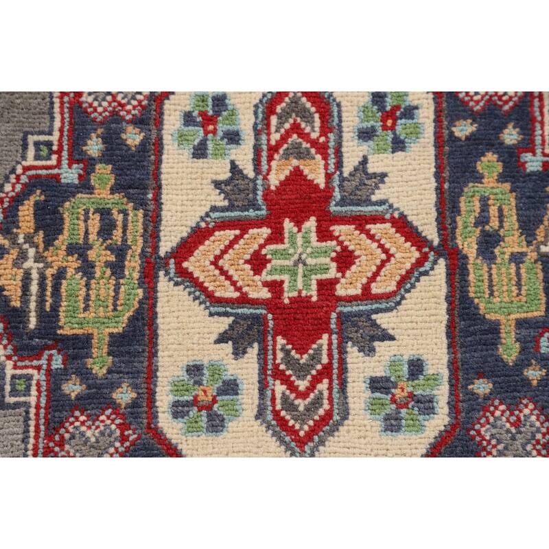 Geometric Kazak Accent Rug Handmade Grey Wool Carpet - 3'1" x 5'1"