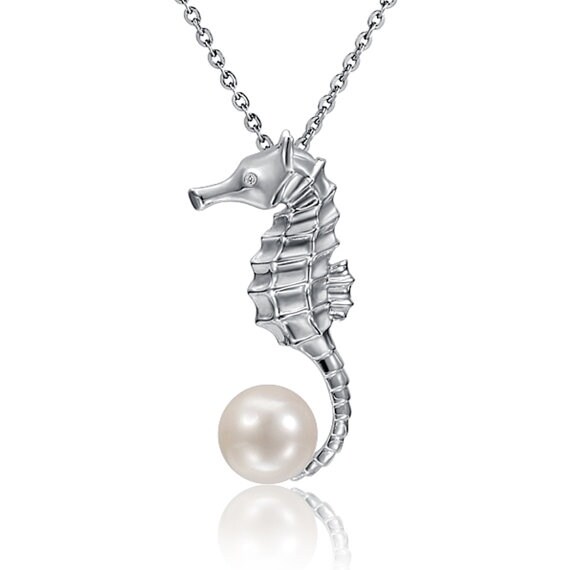 Seahorse Pearl Necklace Sterling Silver Pendant 18" Chain