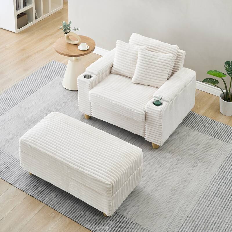 White Corduroy Single Sofa with Storage and Pillows, 57x41x31 inches