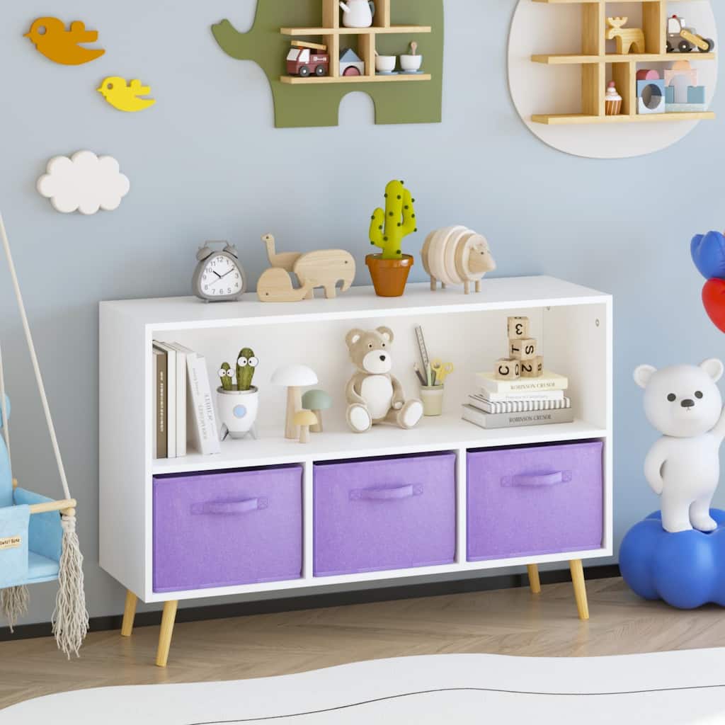Kids Bookcase With Collapsible Fabric Drawers, Children'S Book Display, Toy Storage Cabinet Organizer,White/Purple