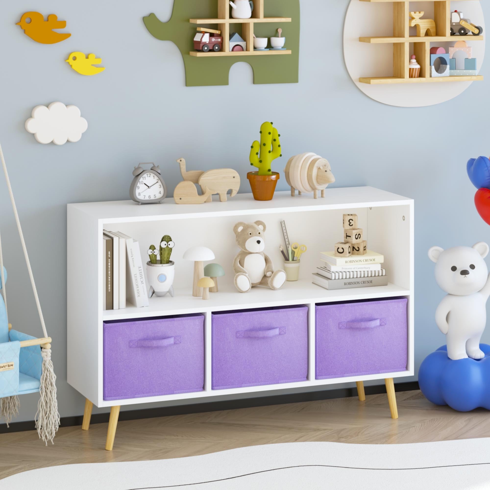Kids Bookcase With Collapsible Fabric Drawers, Children'S Book Display, Toy Storage Cabinet Organizer,White/Purple