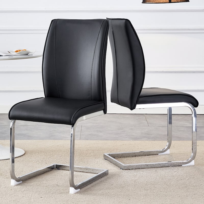 Armless Dining Chairs set of 2, Faux Leather Conference Room Chair with Bent Metal Legs High Back Upholstered Side Chair - Black+Silver