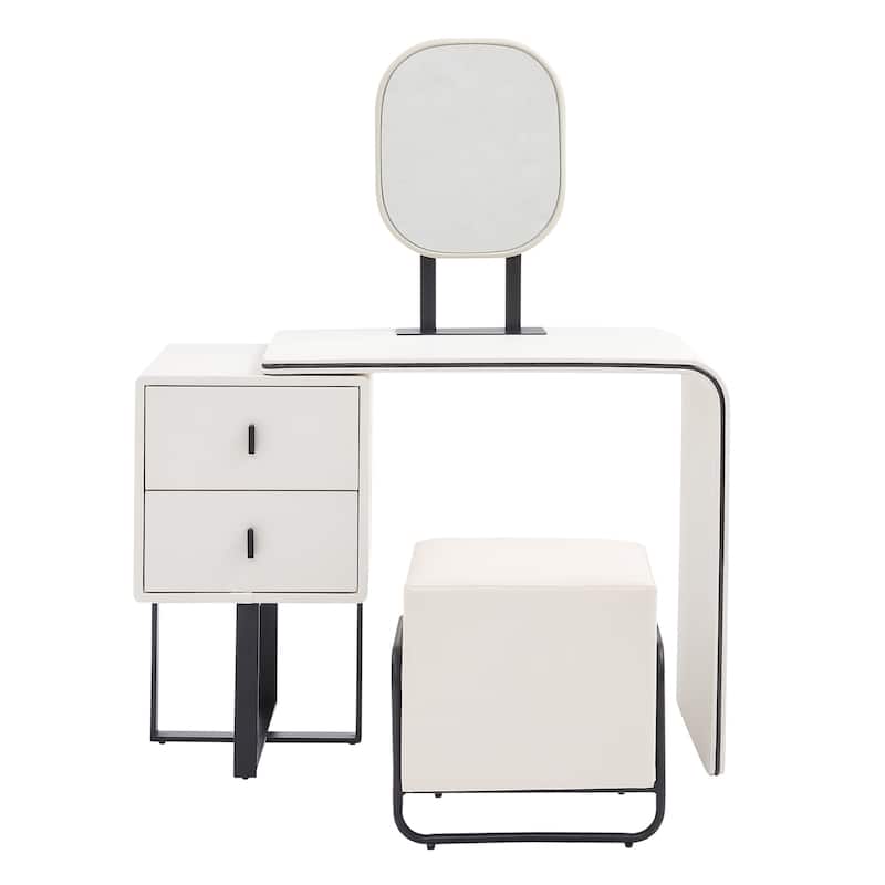 FUKAYI Faux Leather Makeup Vanity Desk Set with Stool Small Vanity Makeup Mirror Desk - White