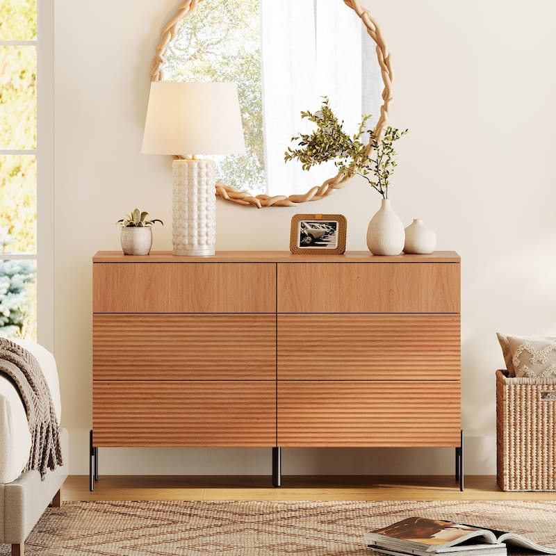 WAMPAT 4-Piece Bedroom Furniture Set, 47" Fluted 6 Drawer Dresser, 61" Buffet Sideboard, 2 Nightstand with Charging Station, Oak