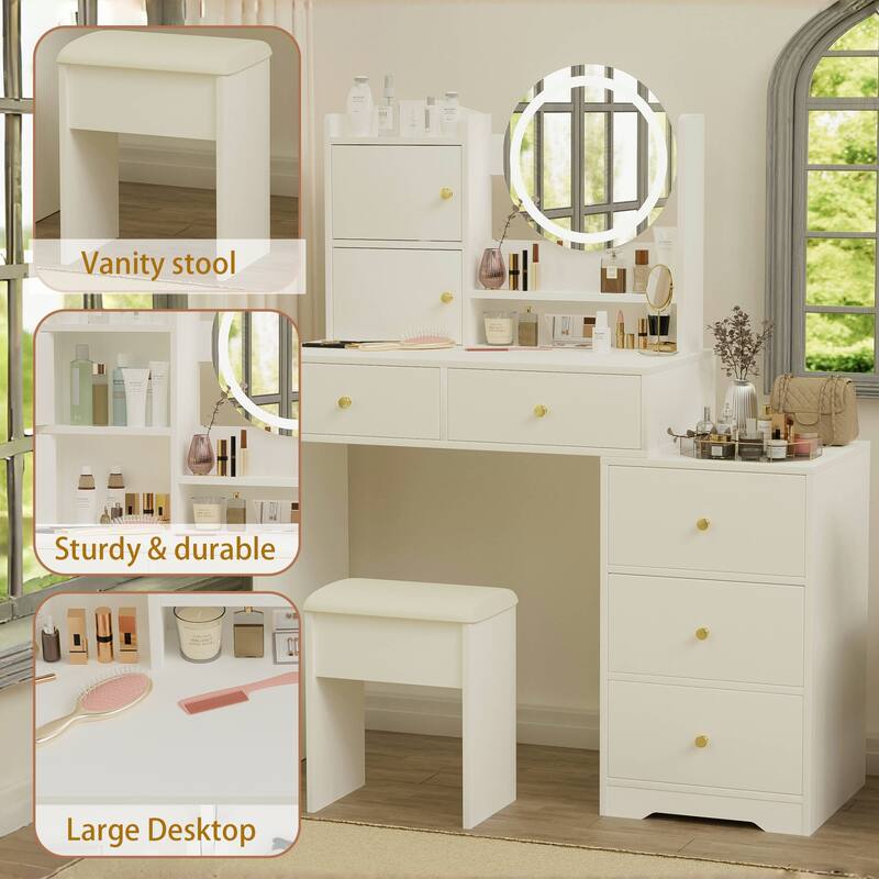 White Makeup Vanity Desk with LED Mirror 3 Lighting Options Multi-Storage Drawers Included Stool - 52.4”H