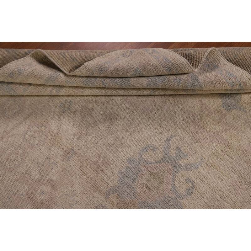 Vegetable Dye Oushak Turkish Area Rug Hand-Knotted Beige Wool Carpet - 9'1" x 11'5"