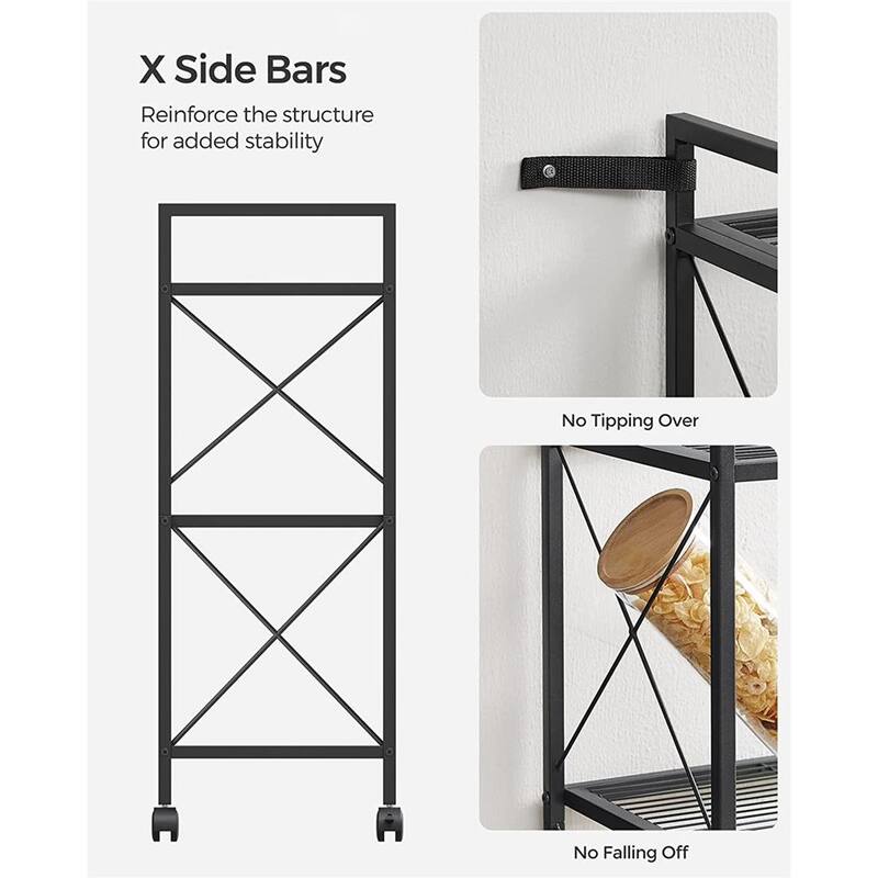 Heavy Duty 3-Tier Metal Storage Rack with Mesh Shelves and Wheels for Kitchen or Entryway