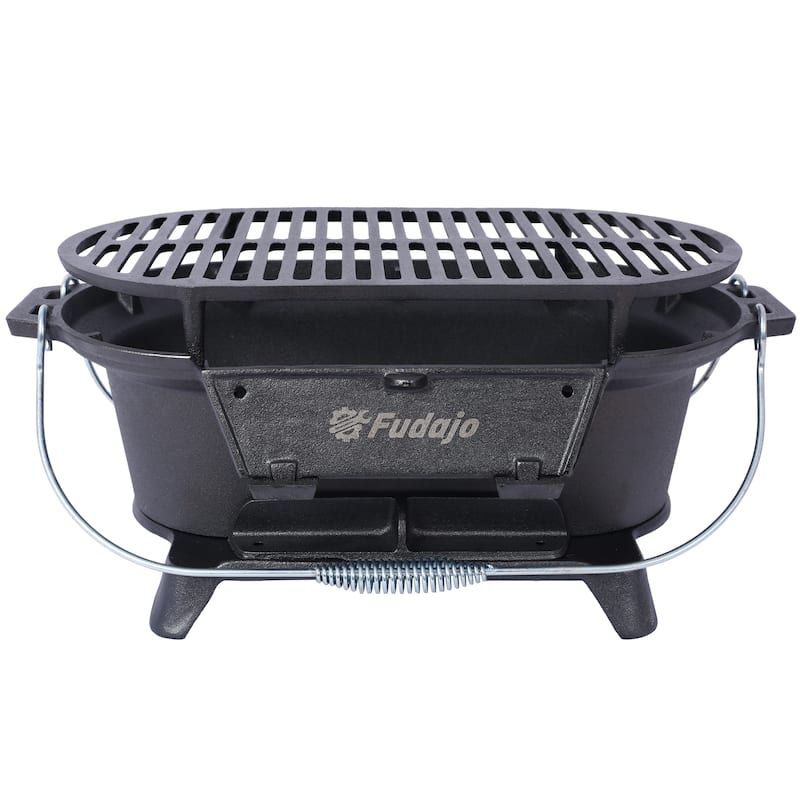 Anmytek Oval Cast Iron Hibachi Grill Portable Charcoal BBQ for Camping and Outdoor Cooking - Cast Iron