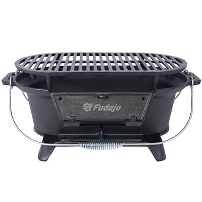 Oval Cast Iron Outdoor Grill Portable Small Charcoal Grill with Tabletop Cast Iron Frying Pan Enamel, for Camping Cooking