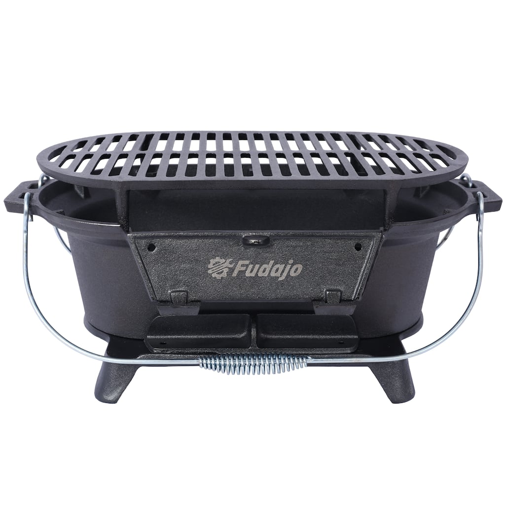 Oval Cast Iron Outdoor Grill Portable Small Charcoal Grill with Tabletop Cast Iron Frying Pan Enamel, for Camping Cooking