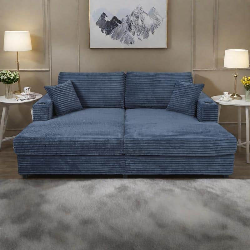 86.5" Corduroy Chaise Lounge Sofa Bed with USB Ports, Cup Holders and 8" Thick Cushions