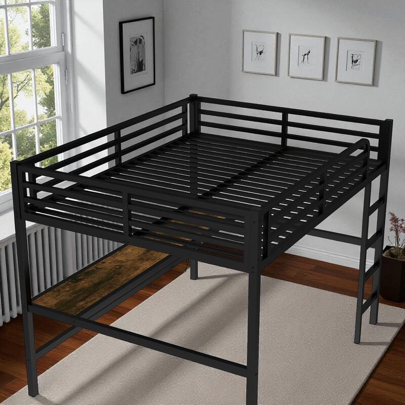 Metal Queen Size Loft Bed with Desk, Power Outlet & LED Lights, Space-Saving Noise-Free Frame with Guardrails