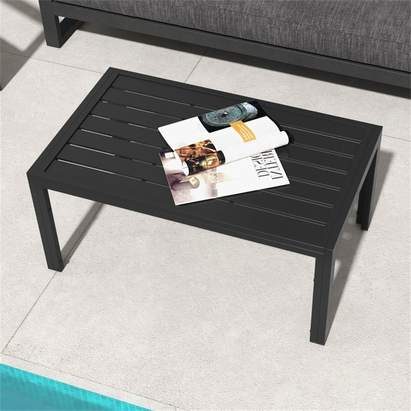 40” Black Weather Resistant Galvanized Steel Slatted Outdoor Patio Coffee Table for Terrace or Garden Use