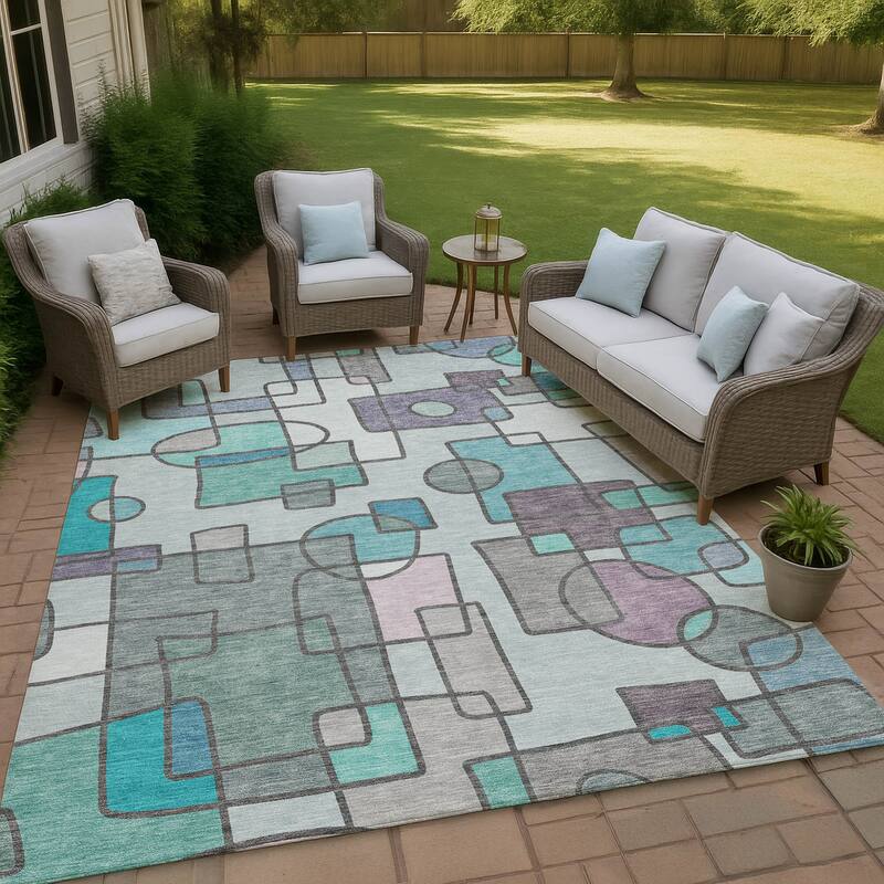 Machine Washable Indoor/ Outdoor Contemporary Prenner Chantille Rug - Teal - 9' x 12'