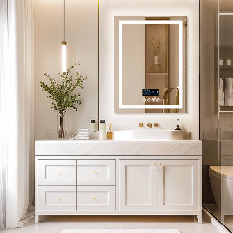Smart LED Illuminated Fog-free Large Bathroom Mirror with Bluetooth Speakers, Digital Display