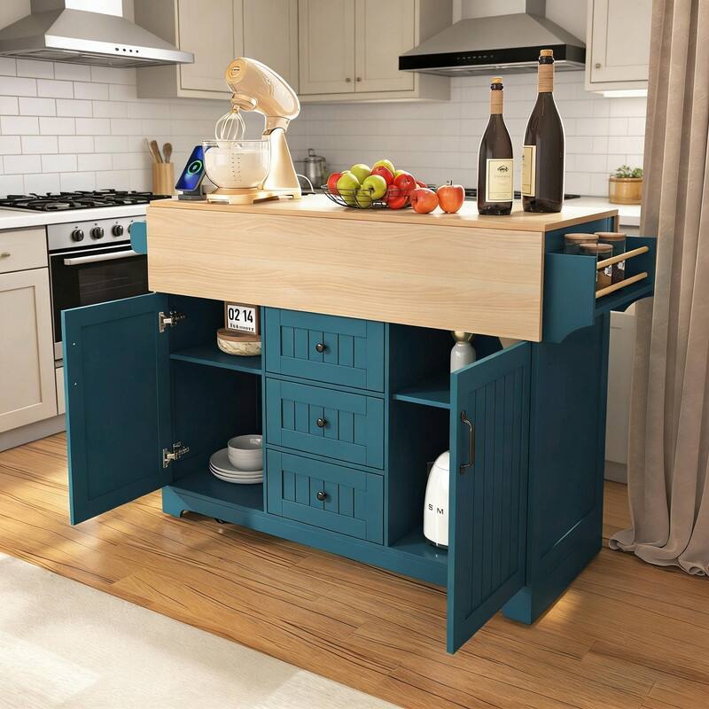 55.7" Rolling Kitchen Island with Double Drop Leaf, Power Outlet, 3 Drawers, Spice & Towel Rack, Folding Dining Table Cart