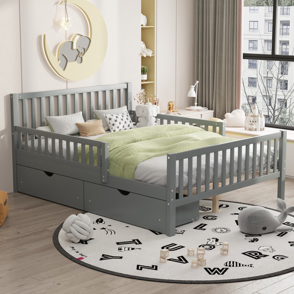 Full Size Wood Platform Bed with Guardrails on Both Sides and 2 Storage Drawers, Gray