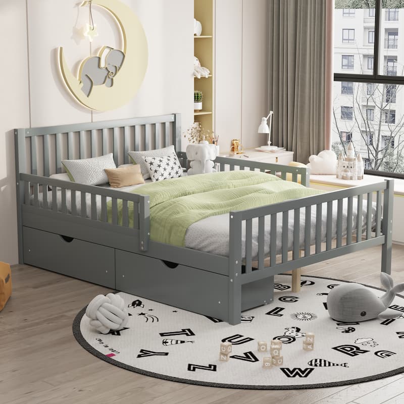 Full Size Wood Platform Bed with Guardrails on Both Sides and Two Storage Drawers, Gray