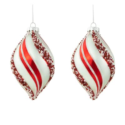 2 White Red Glitter Beads Striped Finial Christmas Ornaments 5.5"