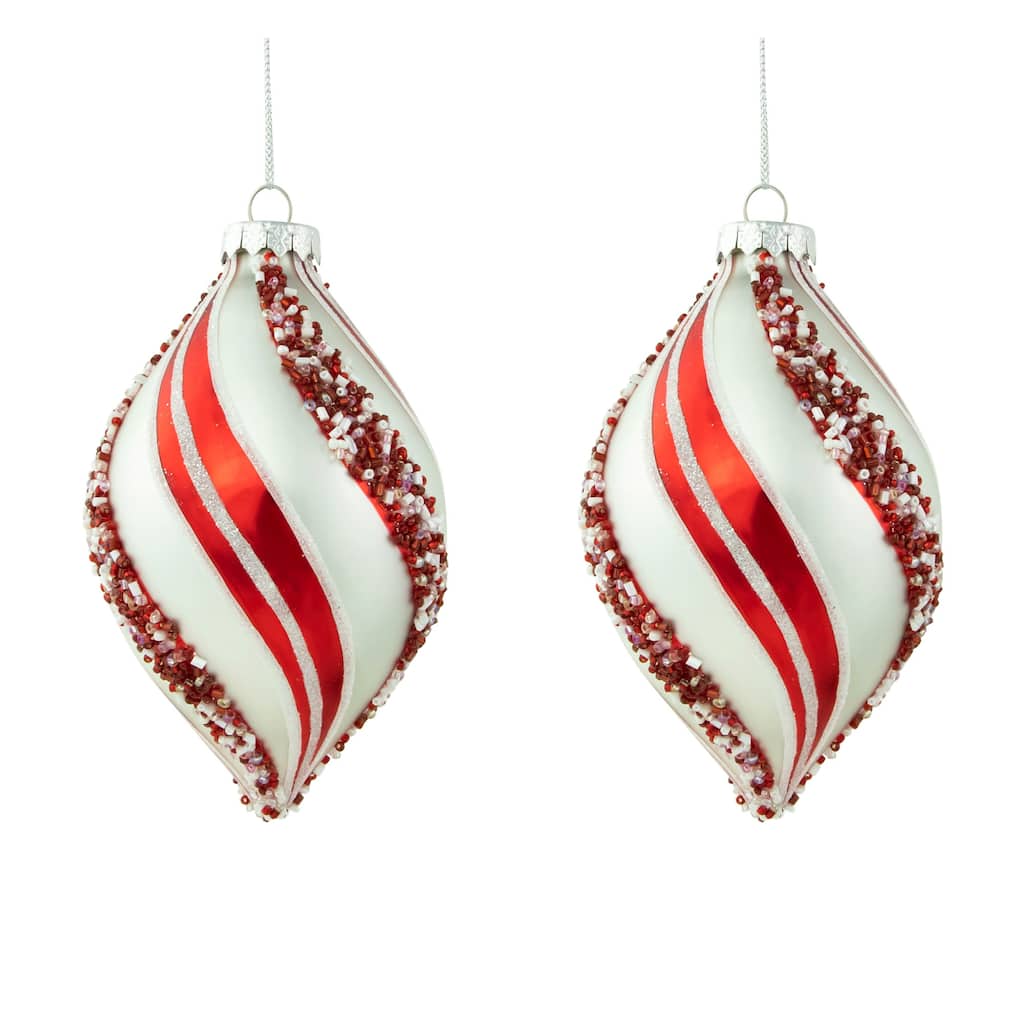 2 White Red Glitter Beads Striped Finial Christmas Ornaments 5.5"