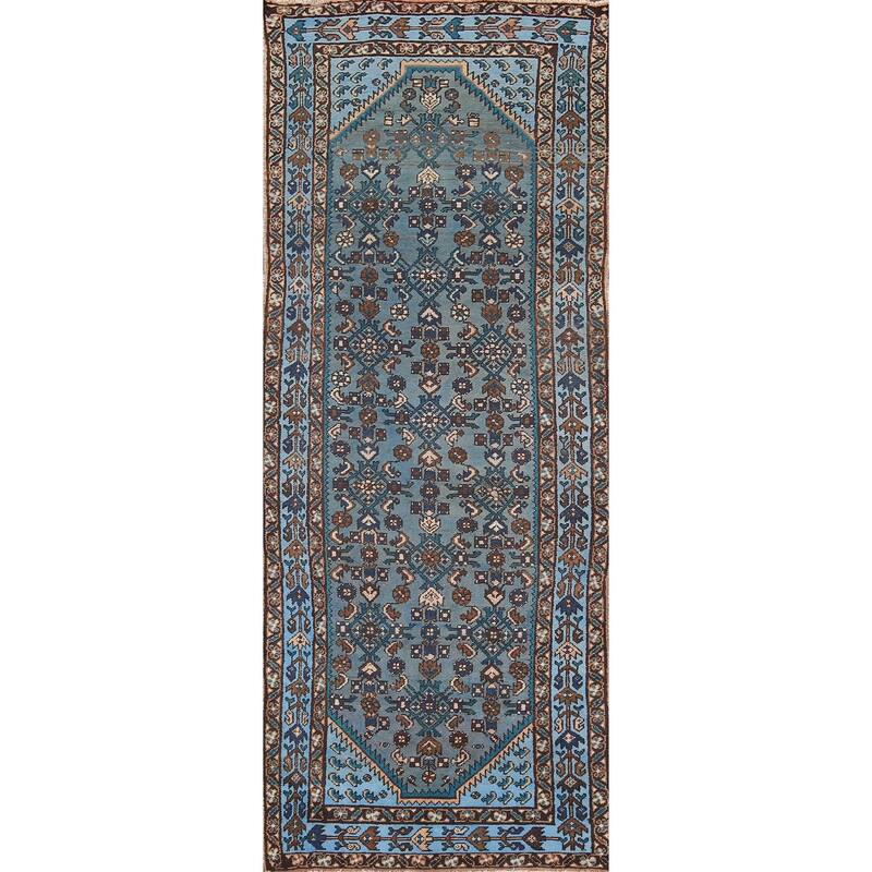 Blue Hamedan Persian Vintage Runner Rug Hand-Knotted Wool Carpet - 3'4" x 9'2"