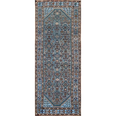 Blue Hamedan Persian Vintage Runner Rug Hand-Knotted Wool Carpet - 3'4" x 9'2"