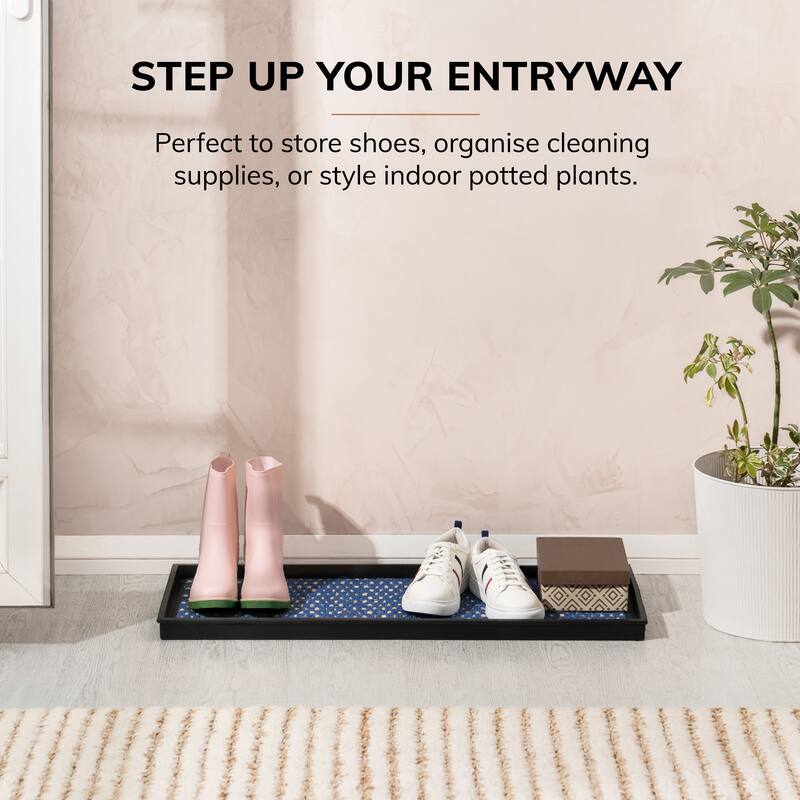 Natural and Recycled Rubber Boot Tray with Blue and Ivory Coir Insert