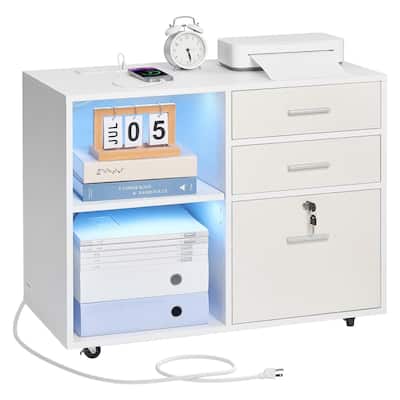 White Particle Board 3 Drawer Mobile File Cabinet with Lock, Casters Light Strips and Power Strip