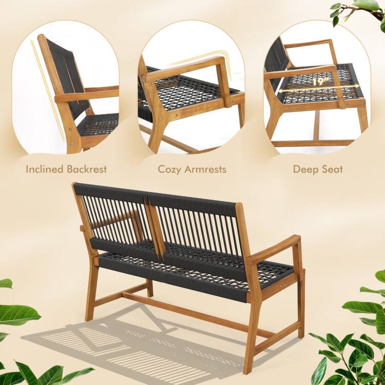 Outdoor Acacia Wood Bench with Backrest and Armrests - 46" x 25" x 35"(L x W x H)