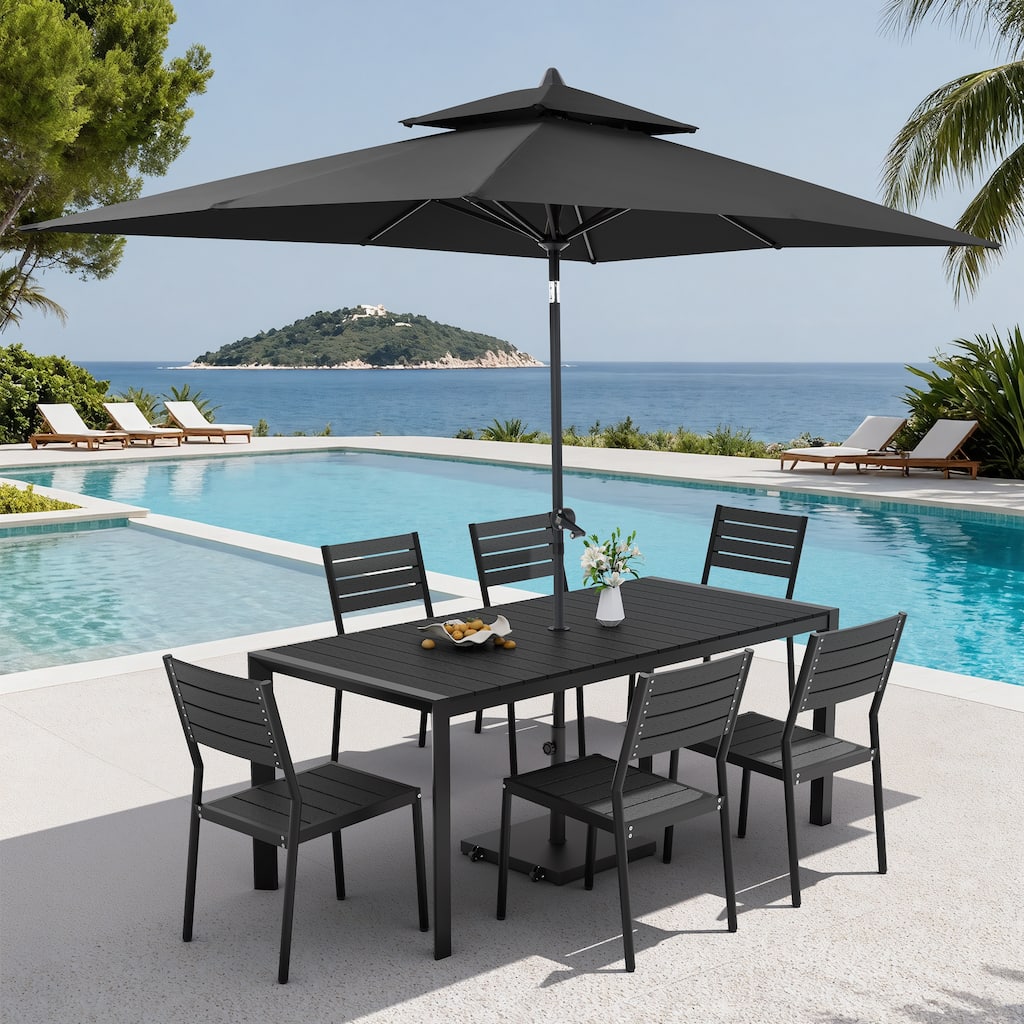9-Piece Outdoor Patio Dining Set Wood Like Aluminum Umbrella Hole Table with Stackable Chairs, Market Umbrella and Wheel Base