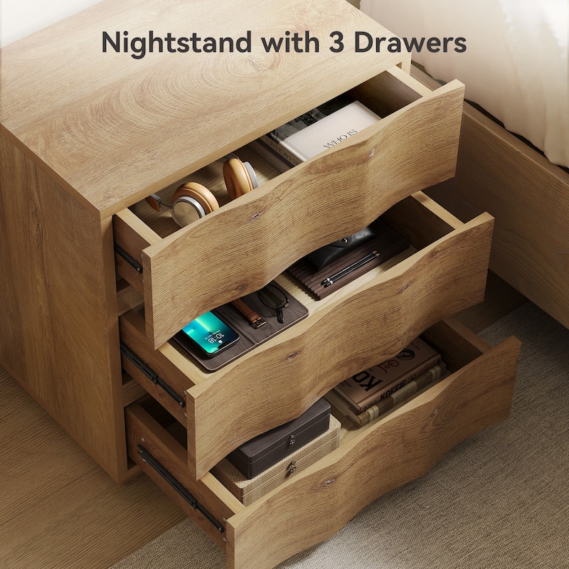 Nightstand with 3 Drawers Fluted End Table Farmhouse Bedside Table