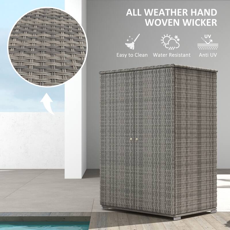 Outsunny Outdoor PE Rattan Wicker Towel Rack & Pool Toy Cabinet, Hot Tub Accessory Storage with Two Doors, Freestanding Cabinet