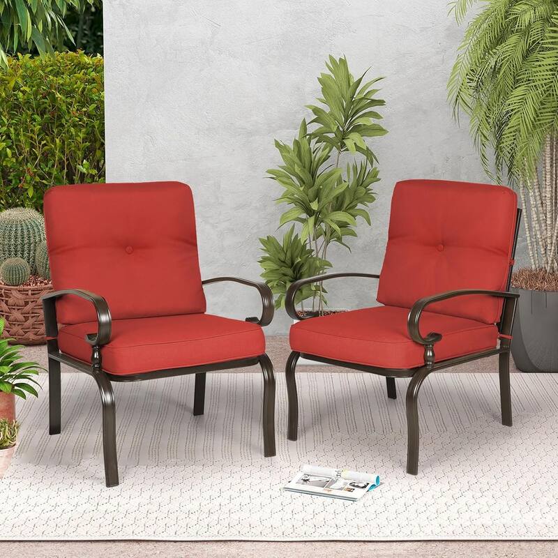 Outdoor Patio Metal Dining Club Chairs Set of 2, Garden Seating Arm Chairs with Cushions - Red