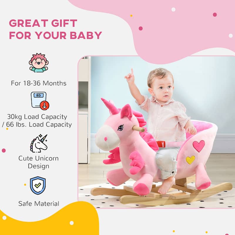 Toddler Rocking Unicorn with Music, Safety Seatbelt & Footrests, Plush Ride-On Horse for Kids 18-36 Months