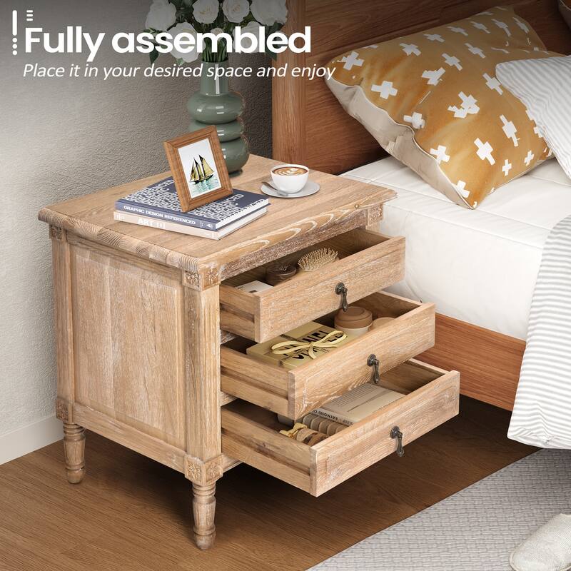 Accent Table Solid Wood Bedside Table Cabinet 3-drawer Oak Nightstand