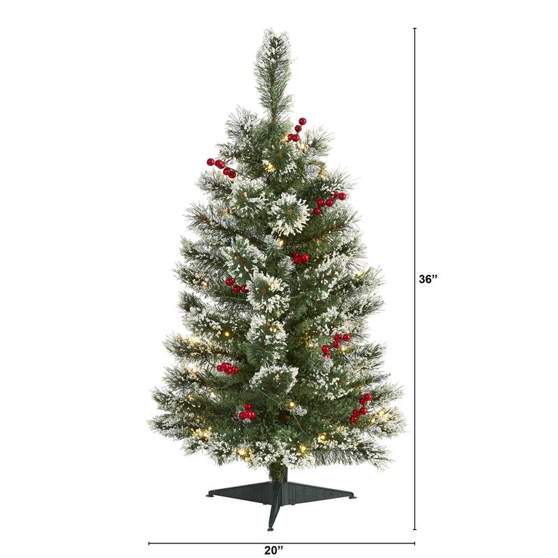 3ft. Frosted Pine Artificial Christmas Tree with 50 Clear LED Lights & Berries - Compact Festive X-Mas Décor