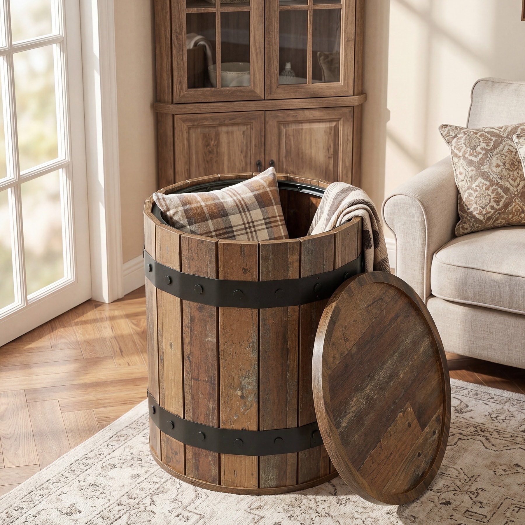 Barrel End Table Countryside Farmhouse Side Table with Storage, Round Accent Table for Living Room Bedrrom