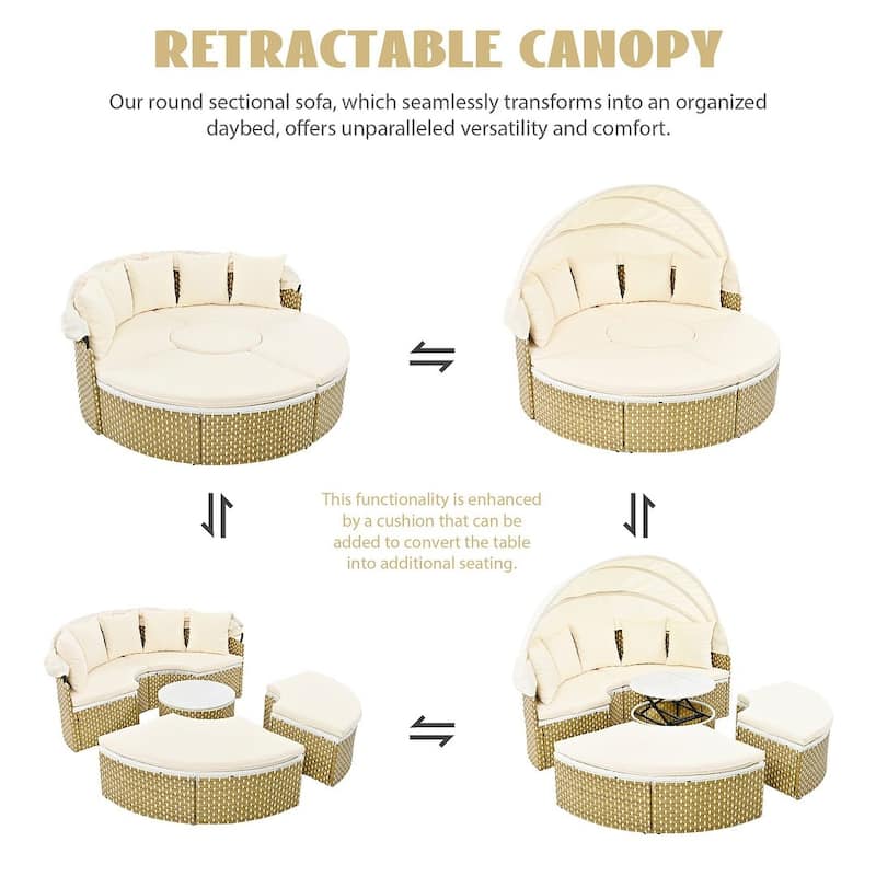 4-piece Outdoor Wicker Patio Round Daybed Sectional Sofa Set with Retractable Canop