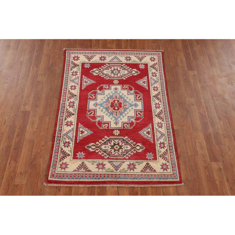 Geometric Red Kazak Accent Rug Hand-Knotted Wool Carpet - 3'4" x 4'9"