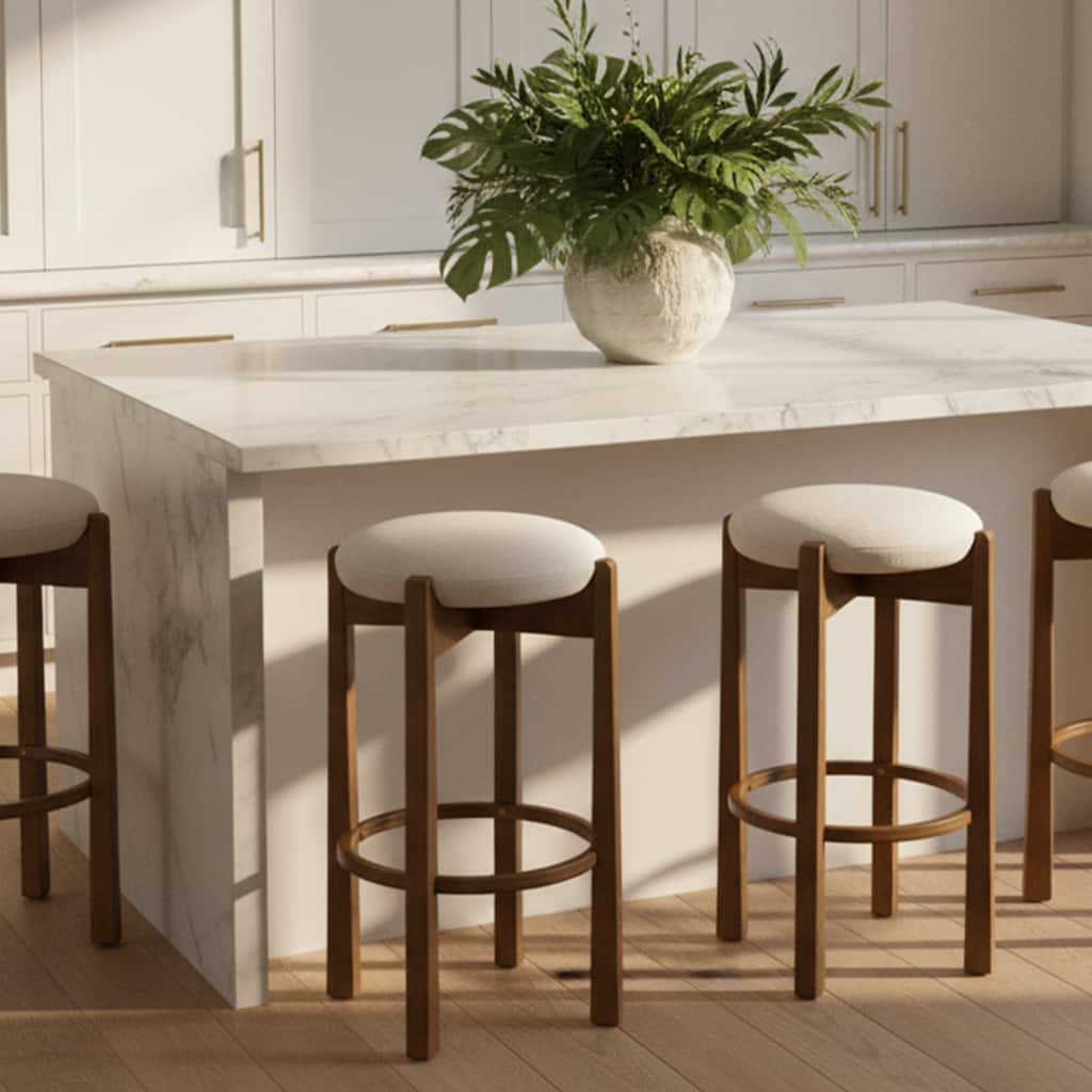 Roomfitters Tara Indoor Rubberwood Barstools with Ivory Upholstery, Dark Walnut Finish