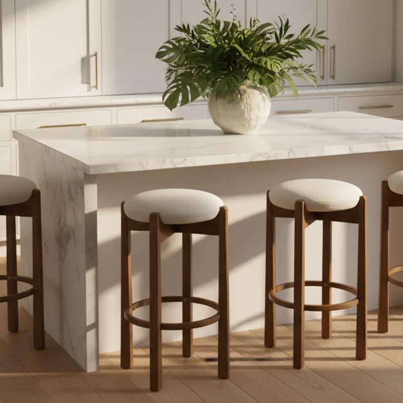 Roomfitters Tara Indoor Rubberwood Barstools with Ivory Upholstery, Dark Walnut Finish