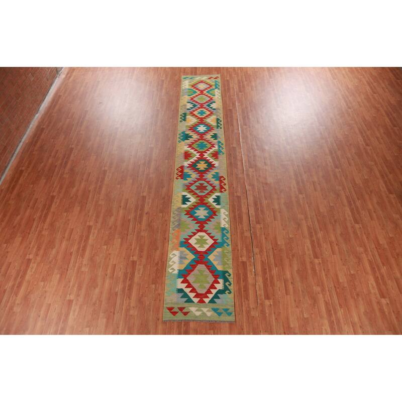 Hand Woven Oriental 100% Wool Carpet Southwestern Geometric Multi-Colored Kilim Runner Rug - 15' 11'' X 2' 7''