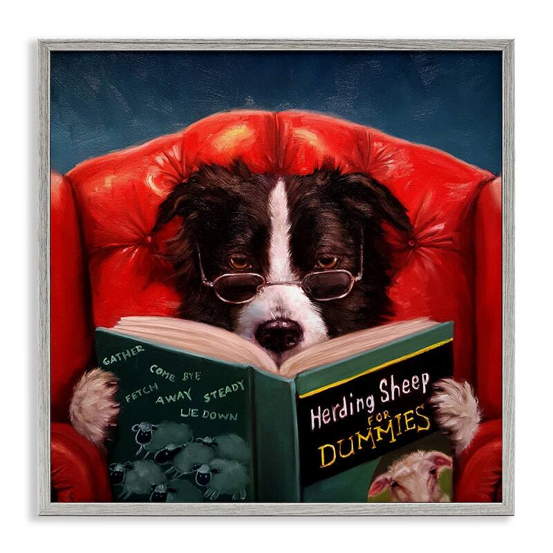 Stupell Herding Sheep Dog Reading for Dummies Funny Painting Framed Giclee Art Design By Lucia Heffernan - Multi-Color