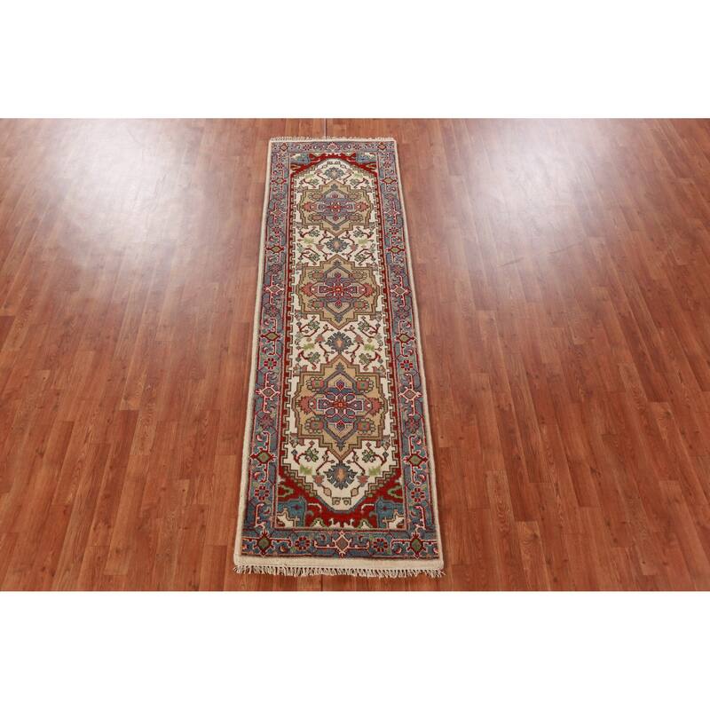 Ivory Heriz Serapi Indian Runner Rug Hand-Knotted Wool Carpet - 2'5"x 8'0"