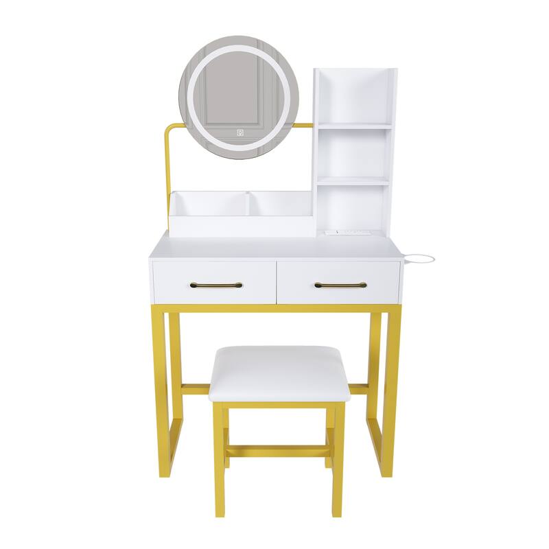 Vanity Desk with LED Mirror & Stool, Makeup Vanity Table with Power Outlet, Drawer & Open Shelves, Small Dressing Table Set